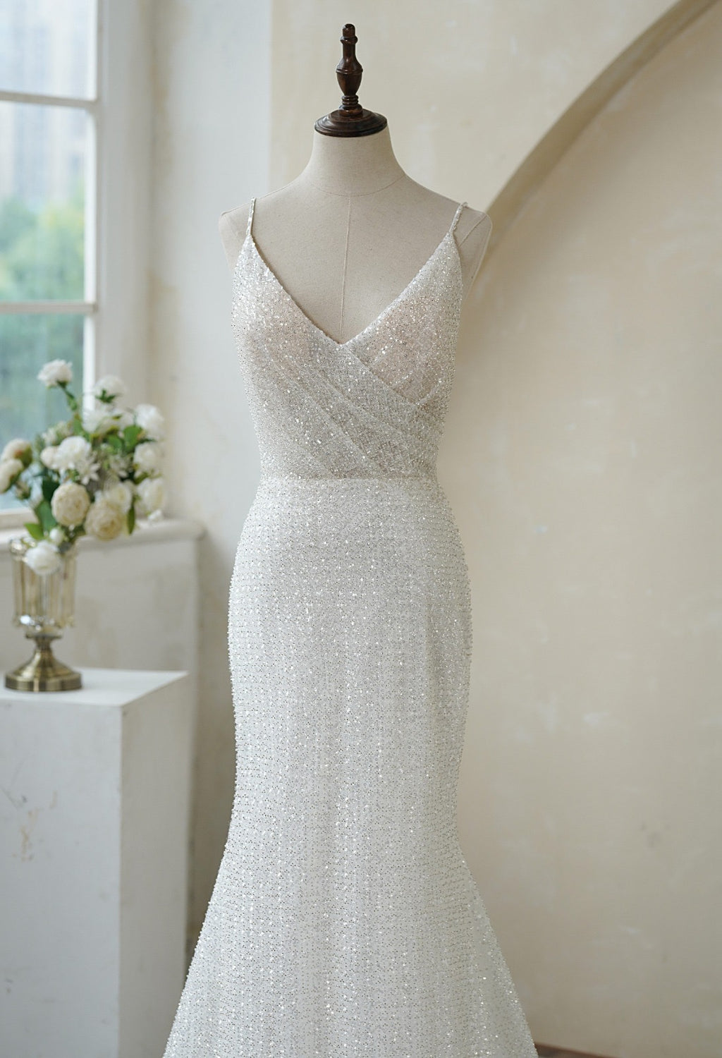 Spaghetti Straps Pleat Beaded Lace Mermaid Wedding Dress MMF2147