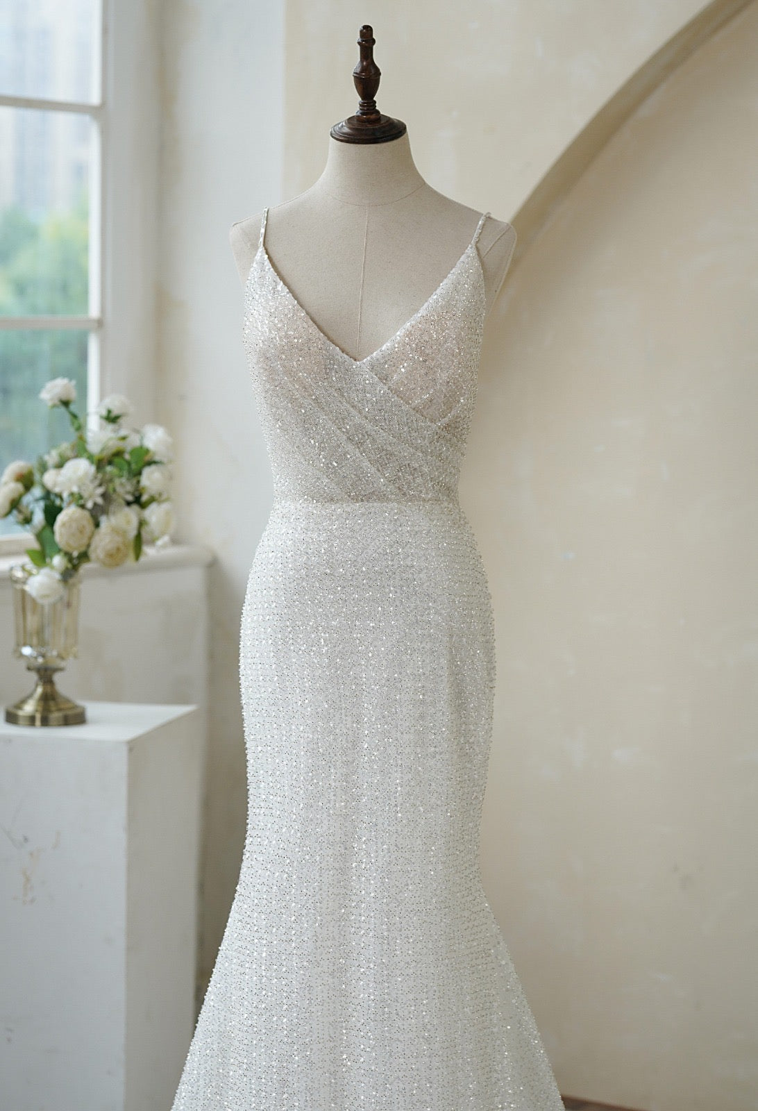 Spaghetti Straps Pleat Beaded Lace Mermaid Wedding Dress MMF2147