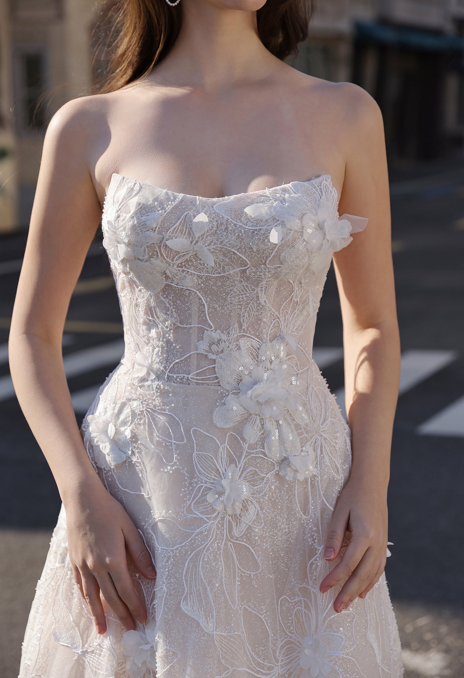 Strapless Sparkle Lace Bridal Gown with 3D Flowers MMH2022