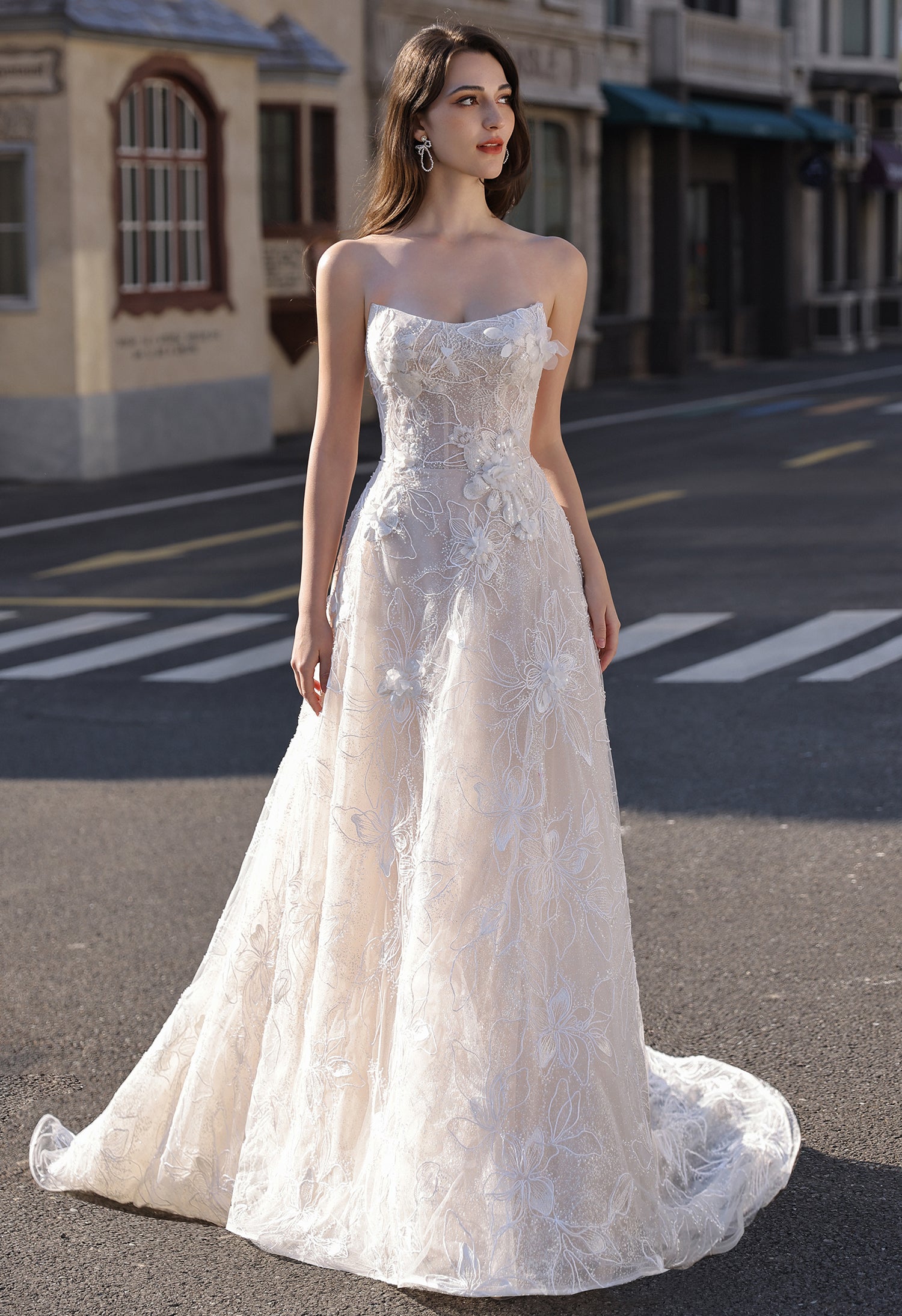 Strapless Sparkle Lace Bridal Gown with 3D Flowers MMH2022