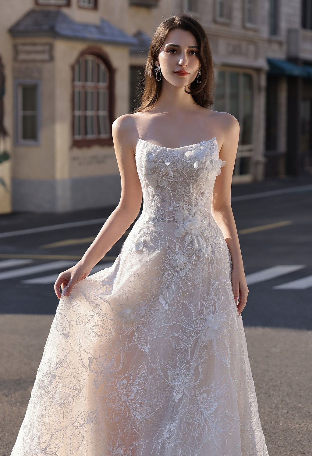 Strapless Sparkle Lace Bridal Gown with 3D Flowers MMH2022