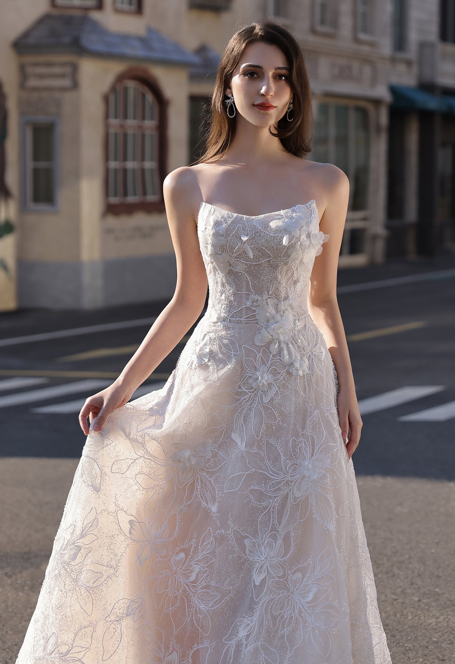 Strapless Sparkle Lace Bridal Gown with 3D Flowers MMH2022