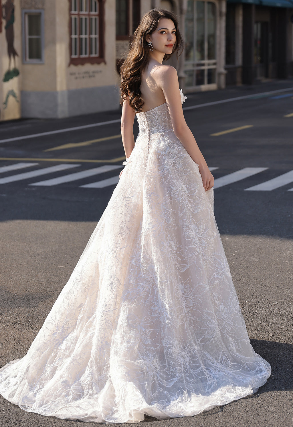 Strapless Sparkle Lace Bridal Gown with 3D Flowers MMH2022