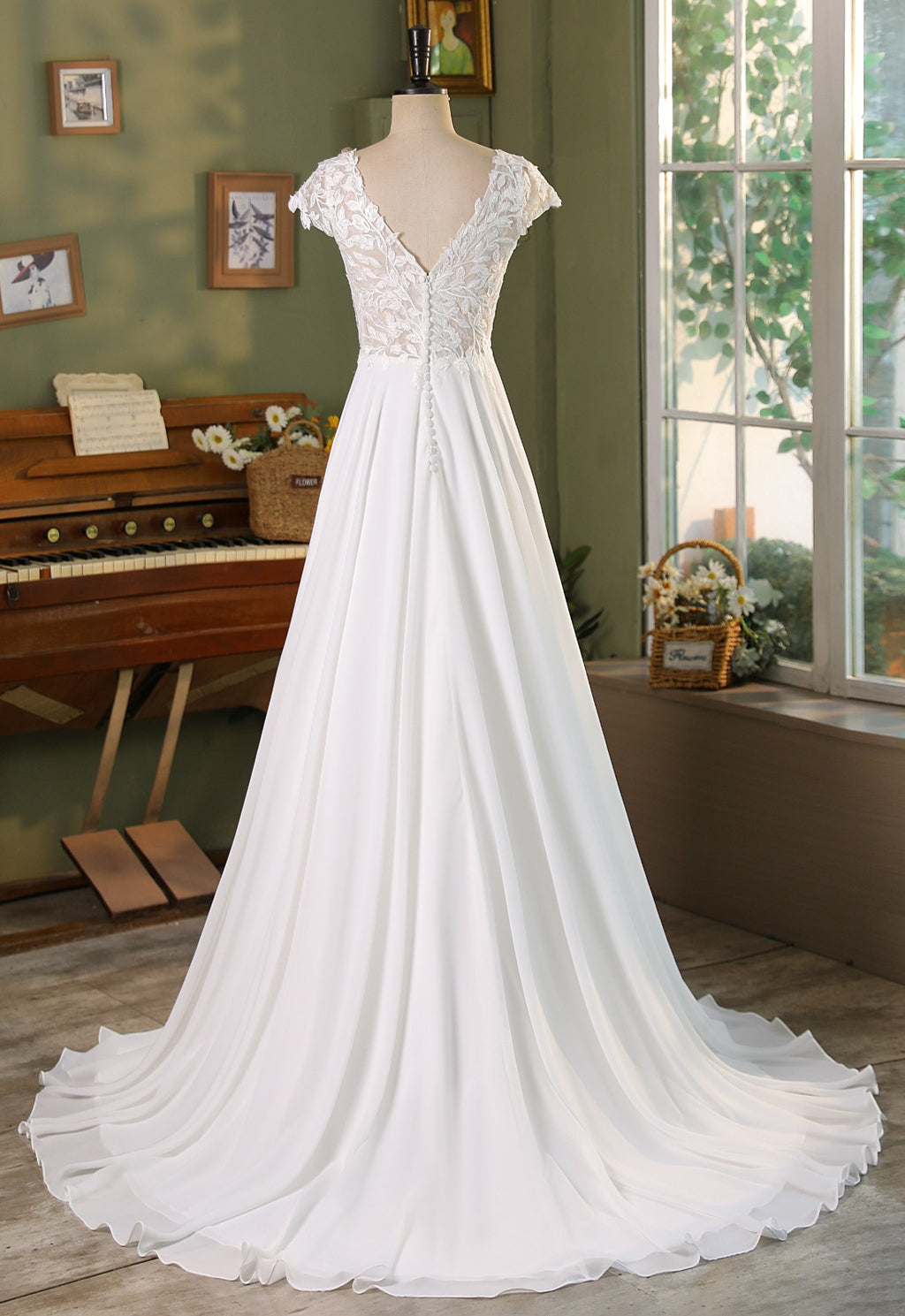 Cap Sleeve Lace A Line Chiffon Wedding Dress MMF3040