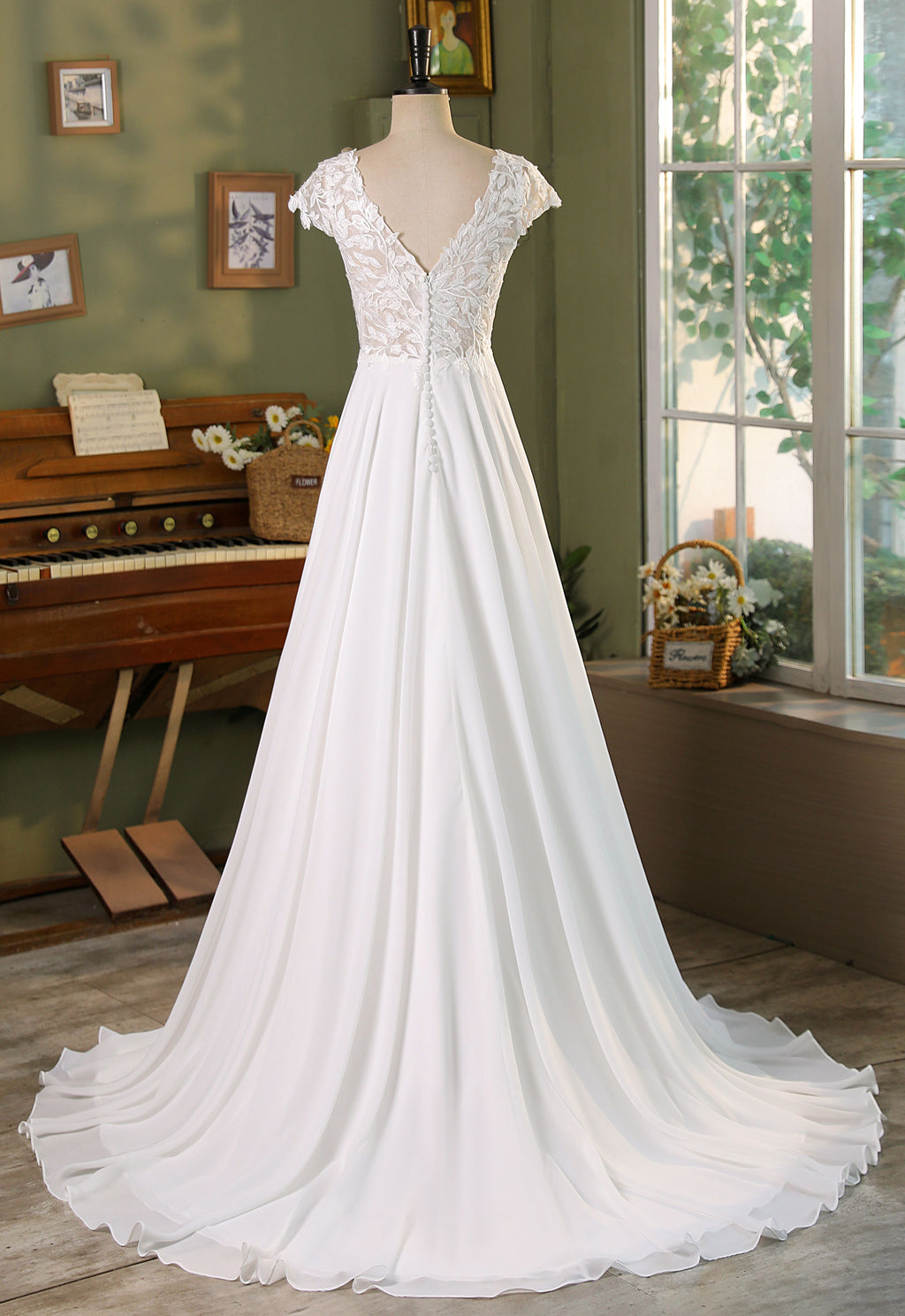 Cap Sleeve Lace A Line Chiffon Wedding Dress MMF3040