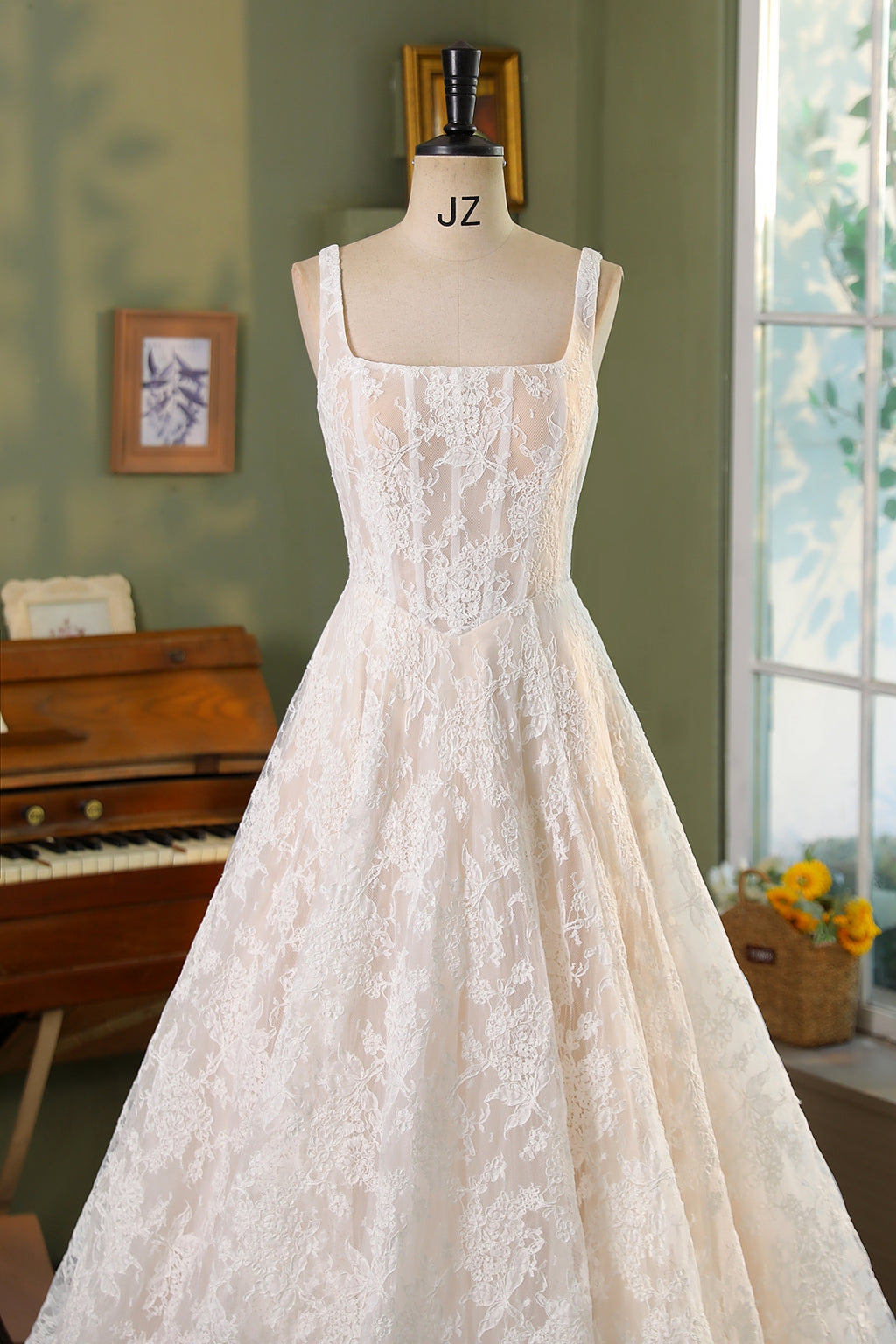 Allover Lace A-Line Gown with Sheer Corset Bodice and V Basque Waist MMF3080