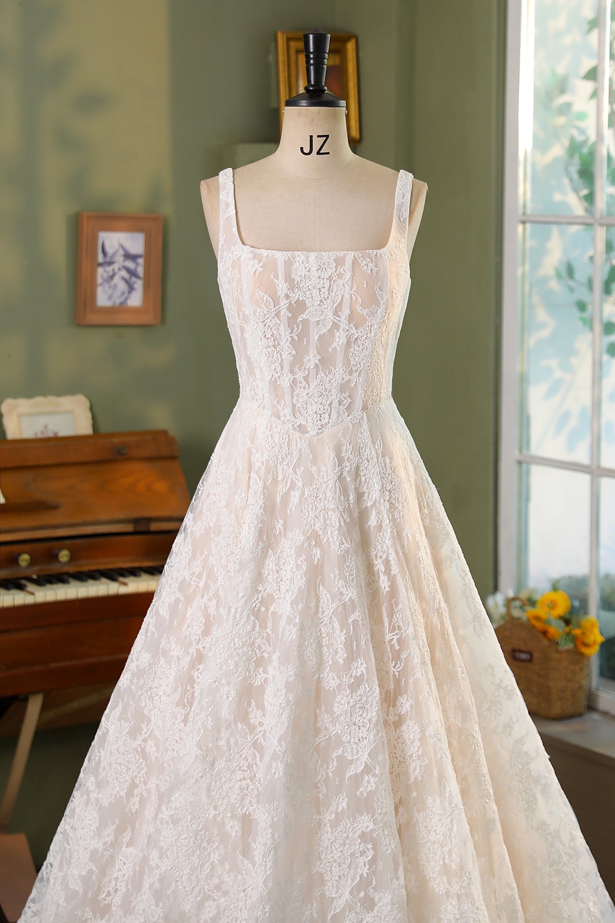 Allover Lace A-Line Gown with Sheer Corset Bodice and V Basque Waist MMF3080