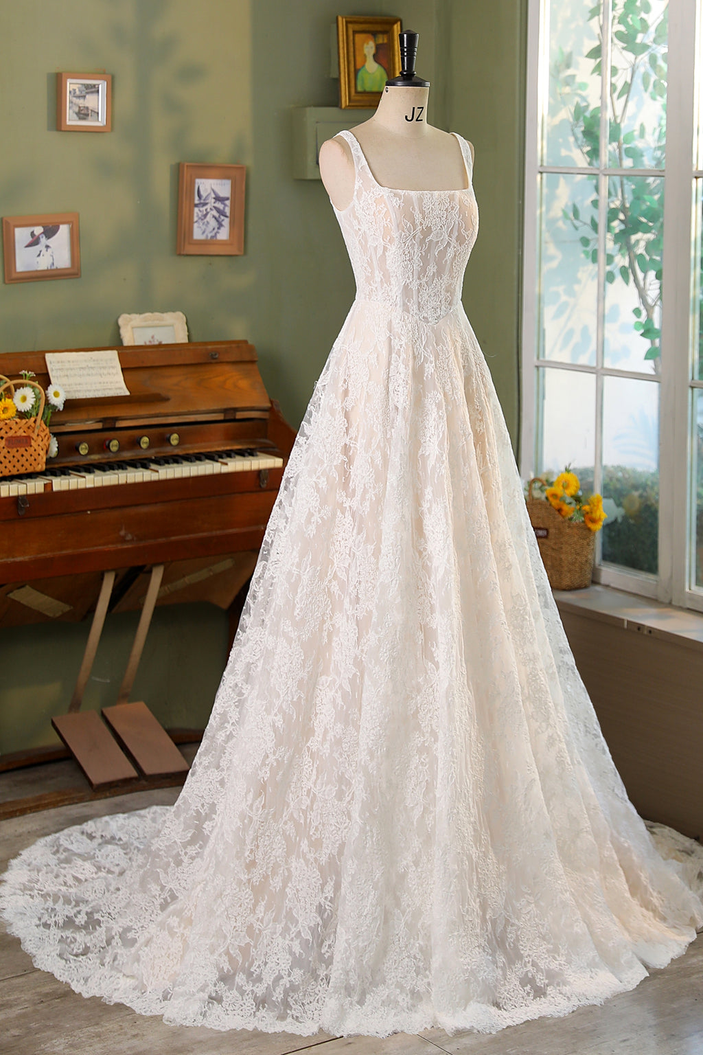 Allover Lace A-Line Gown with Sheer Corset Bodice and V Basque Waist MMF3080