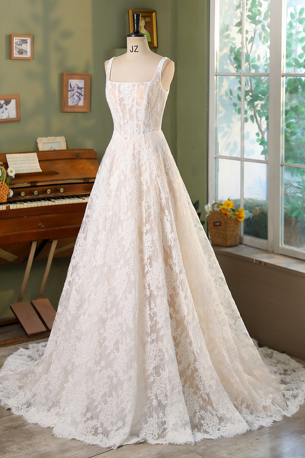 Allover Lace A-Line Gown with Sheer Corset Bodice and V Basque Waist MMF3080