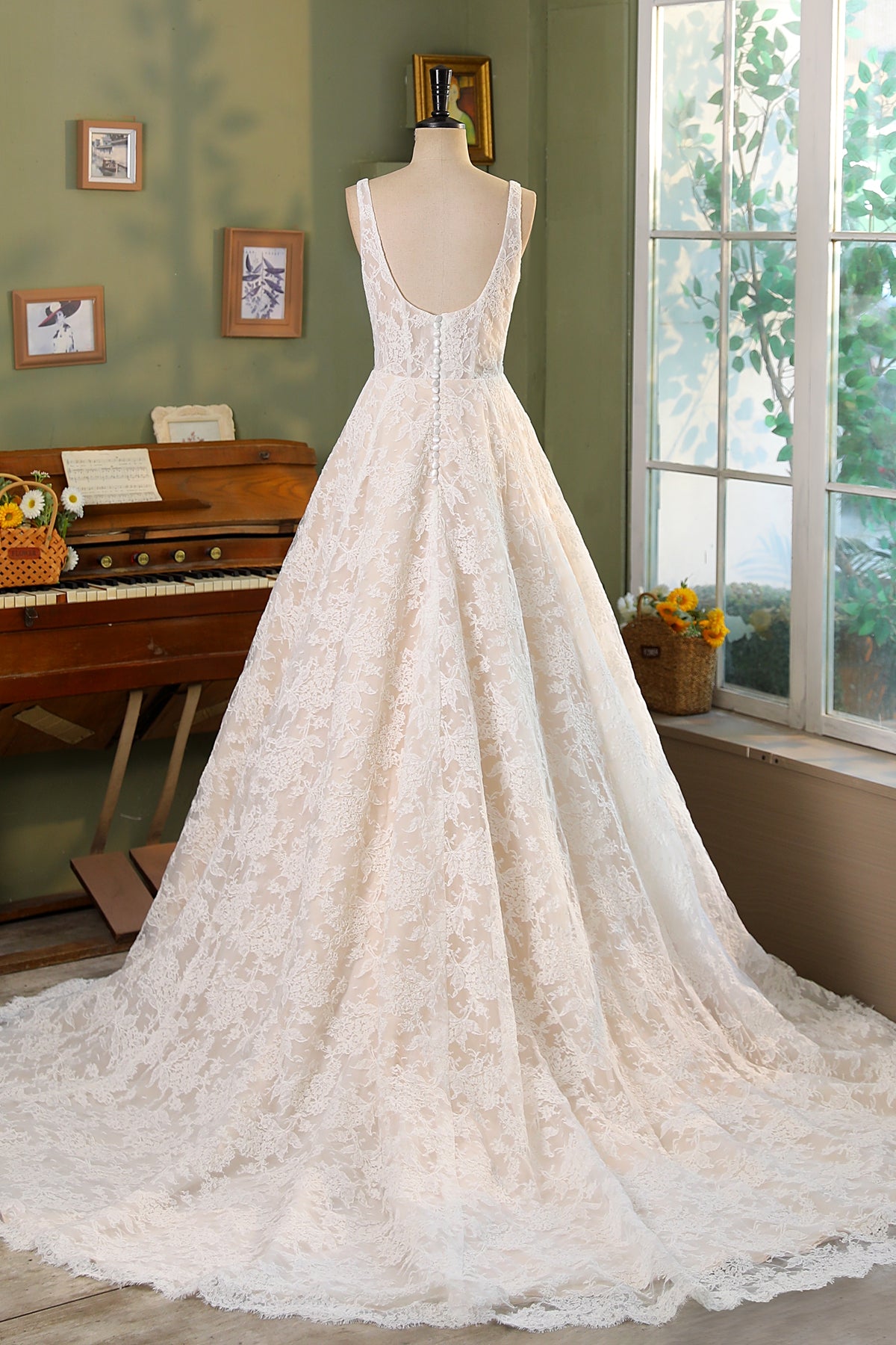 Allover Lace A-Line Gown with Sheer Corset Bodice and V Basque Waist MMF3080