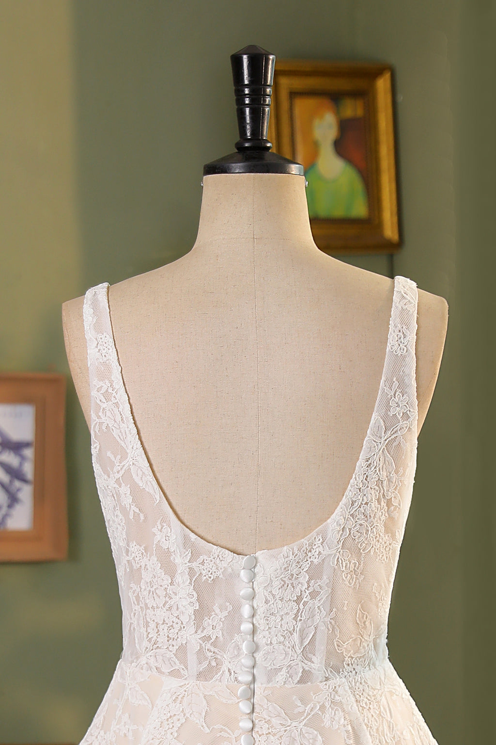 Allover Lace A-Line Gown with Sheer Corset Bodice and V Basque Waist MMF3080