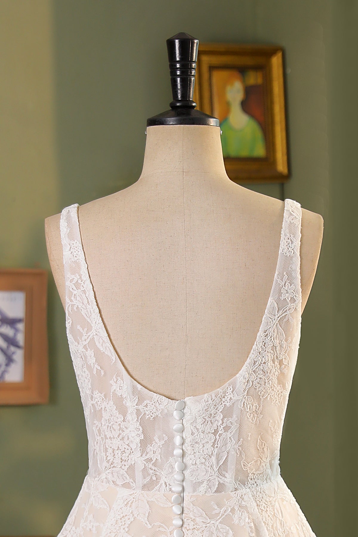Allover Lace A-Line Gown with Sheer Corset Bodice and V Basque Waist MMF3080
