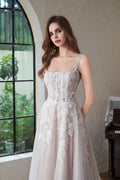 Beaded Square Neck Line Lace A Line Wedding Gown MMF3102