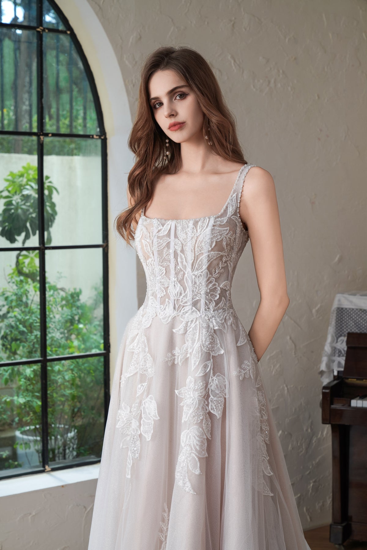 Beaded Square Neck Line Lace A Line Wedding Gown MMF3102