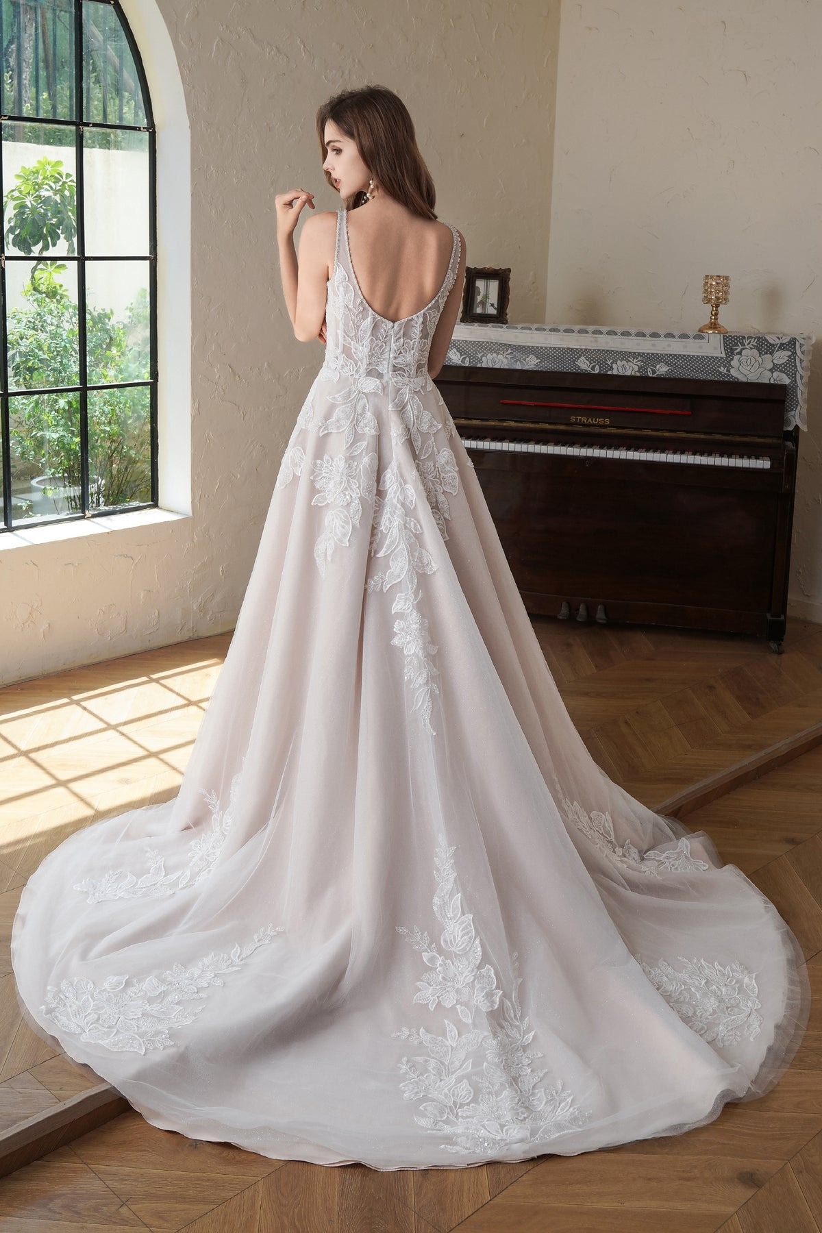 Beaded Square Neck Line Lace A Line Wedding Gown MMF3102