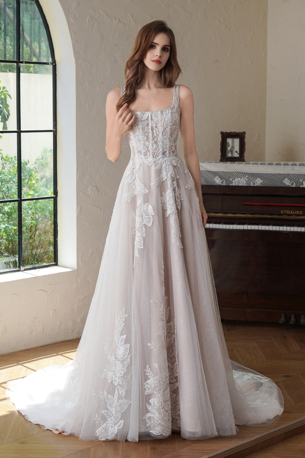 Beaded Square Neck Line Lace A Line Wedding Gown MMF3102