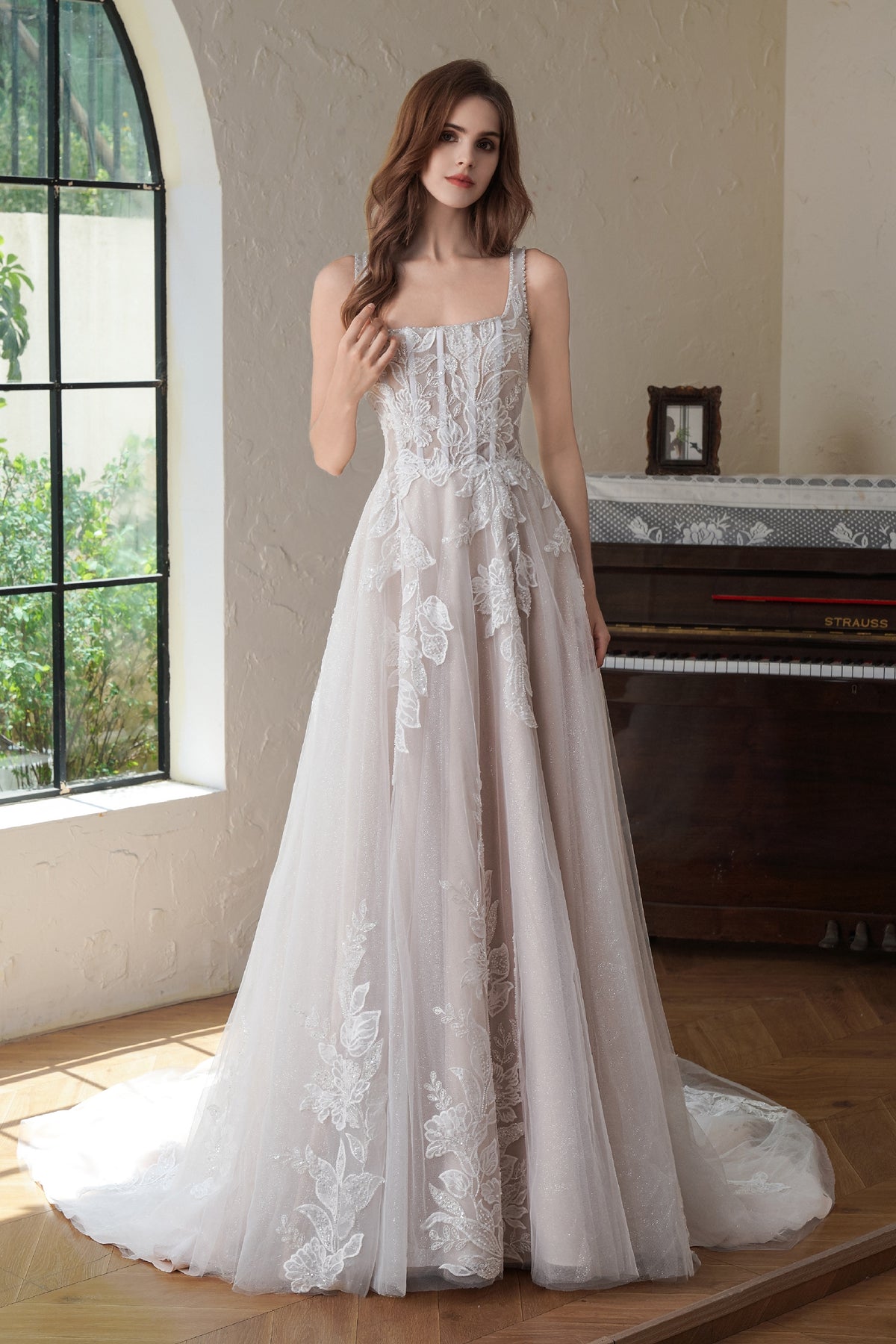 Beaded Square Neck Line Lace A Line Wedding Gown MMF3102