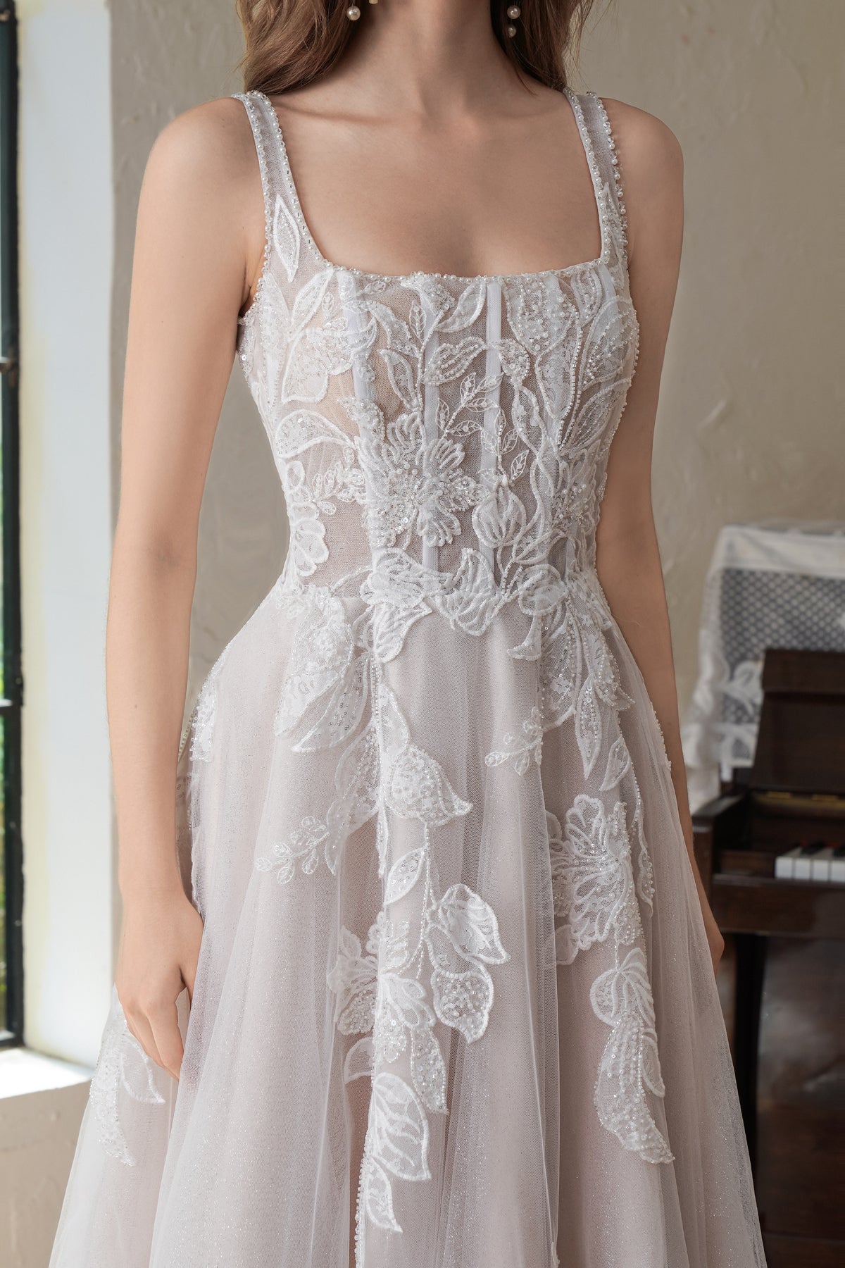 Beaded Square Neck Line Lace A Line Wedding Gown MMF3102