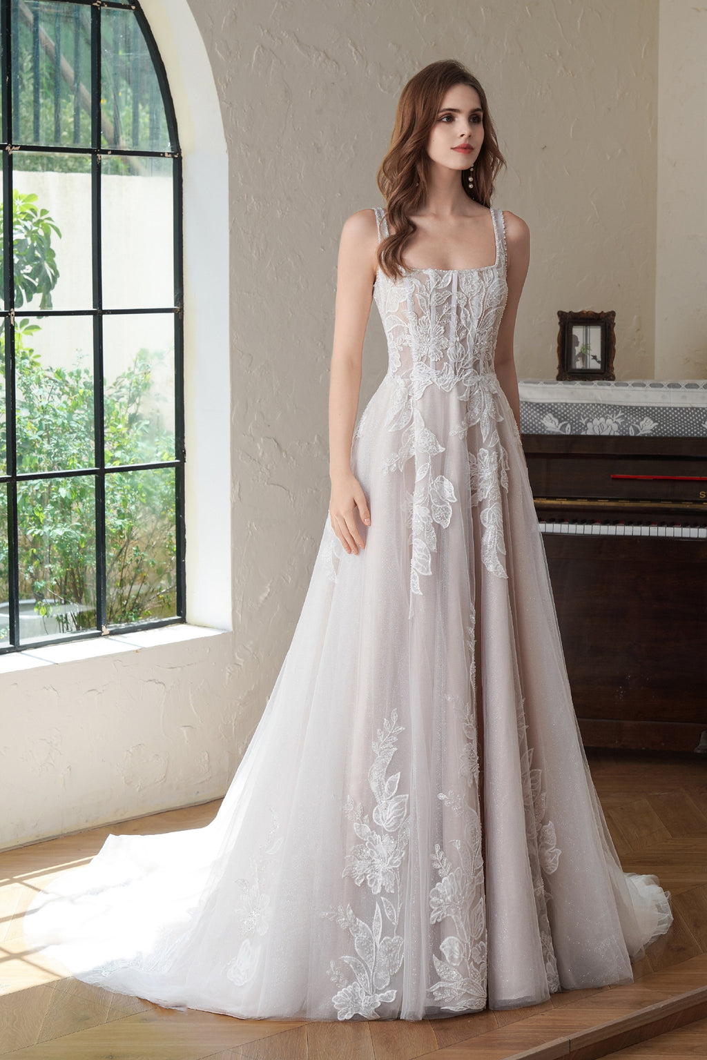 Beaded Square Neck Line Lace A Line Wedding Gown MMF3102
