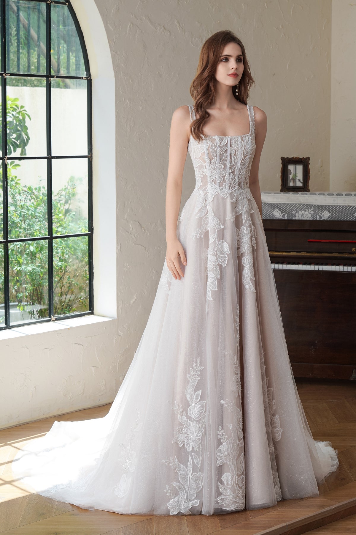 Beaded Square Neck Line Lace A Line Wedding Gown MMF3102