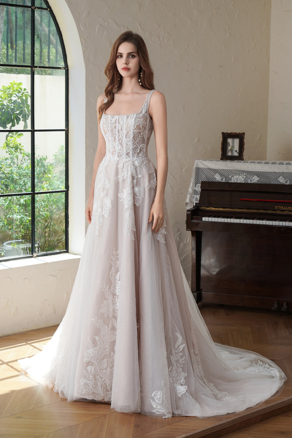 Beaded Square Neck Line Lace A Line Wedding Gown MMF3102