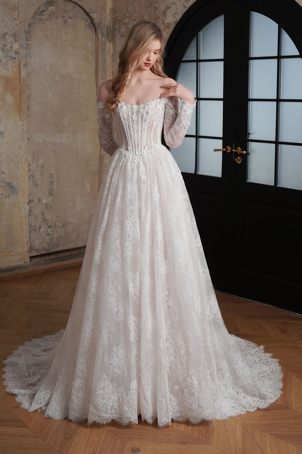 Flowing Off-the-Shoulder 3-D Flower Lace Ballgown Wedding Dress MMF3615