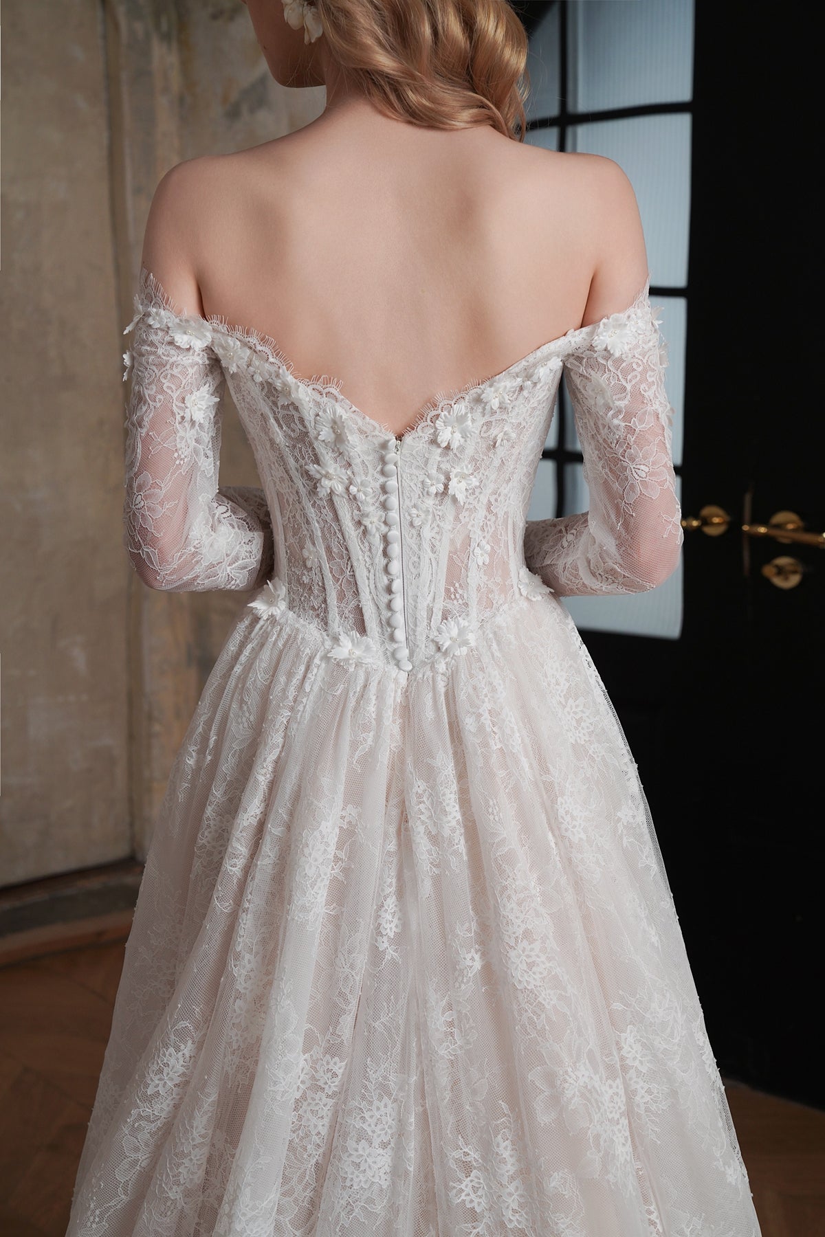 Flowing Off-the-Shoulder 3-D Flower Lace Ballgown Wedding Dress MMF3615