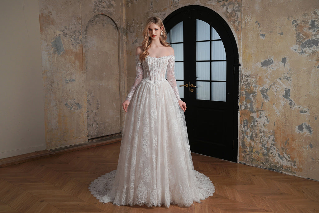Flowing Off-the-Shoulder 3-D Flower Lace Ballgown Wedding Dress MMF3615