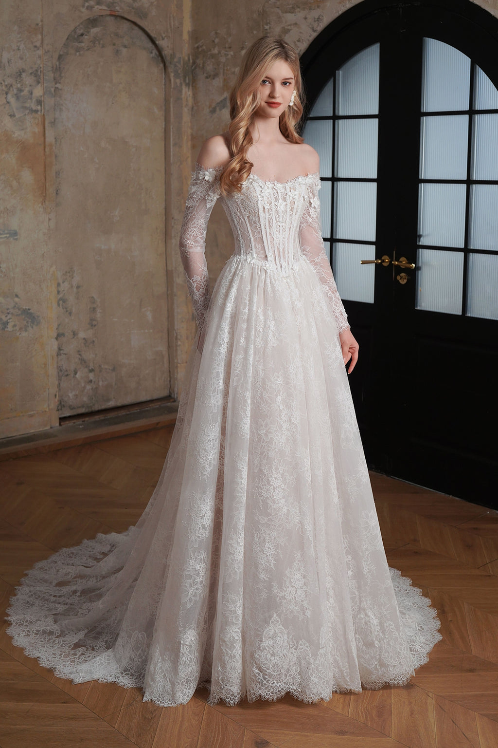 Flowing Off-the-Shoulder 3-D Flower Lace Ballgown Wedding Dress MMF3615