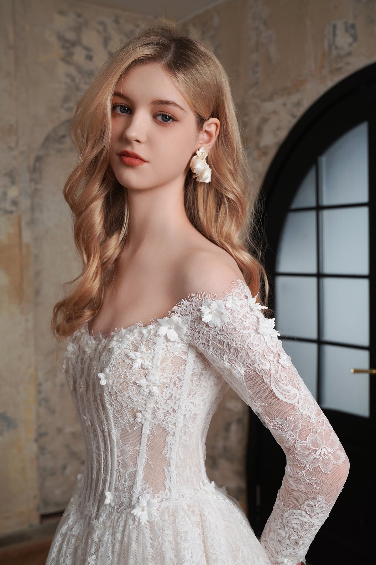 Flowing Off-the-Shoulder 3-D Flower Lace Ballgown Wedding Dress MMF3615