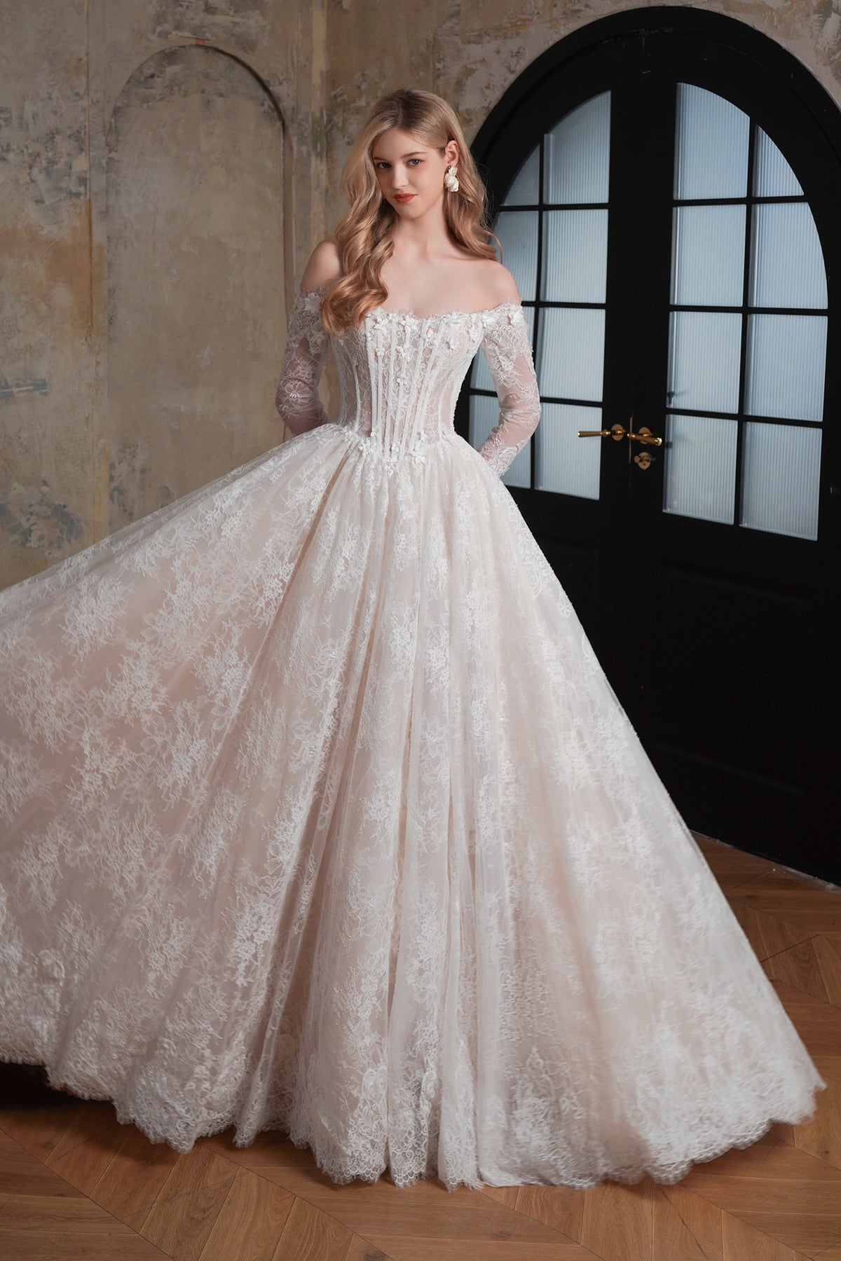 Flowing Off-the-Shoulder 3-D Flower Lace Ballgown Wedding Dress MMF3615