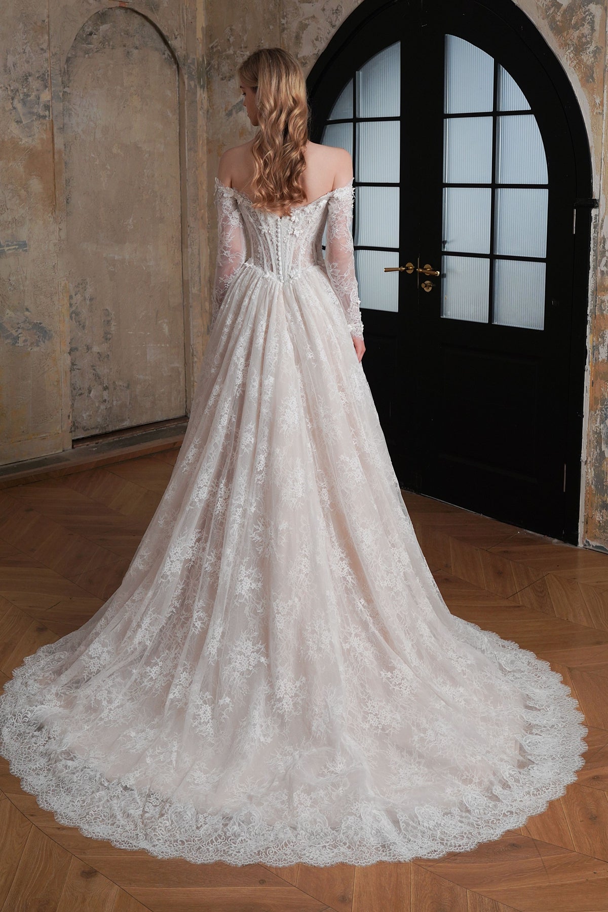 Flowing Off-the-Shoulder 3-D Flower Lace Ballgown Wedding Dress MMF3615