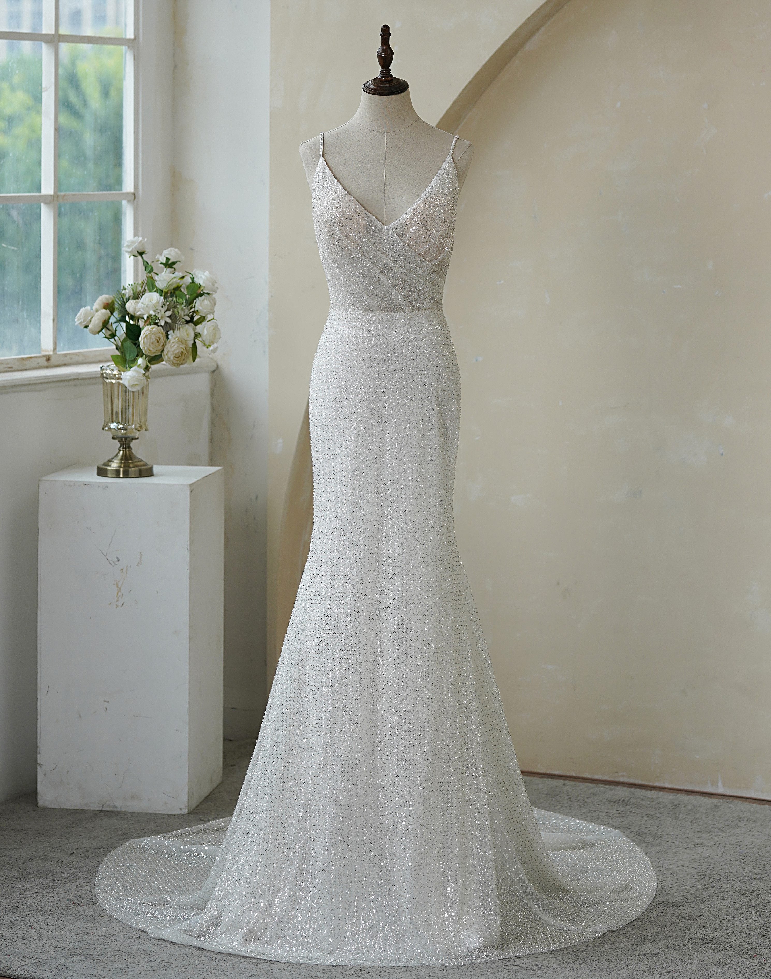 Spaghetti Straps Pleat Beaded Lace Mermaid Wedding Dress MMF2147