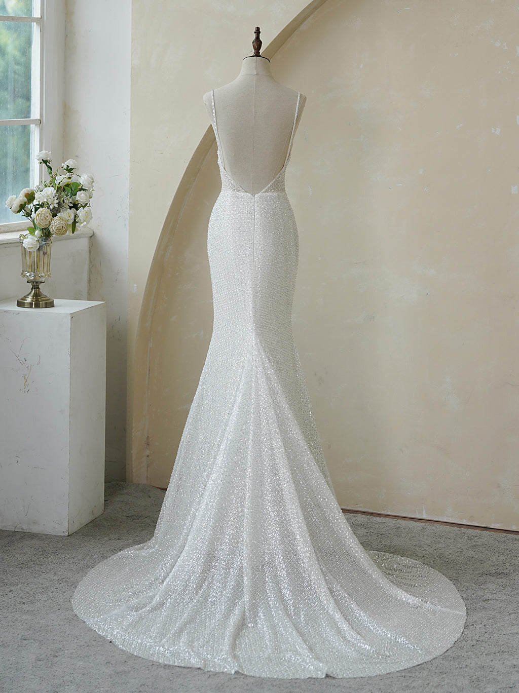 Spaghetti Straps Pleat Beaded Lace Mermaid Wedding Dress MMF2147