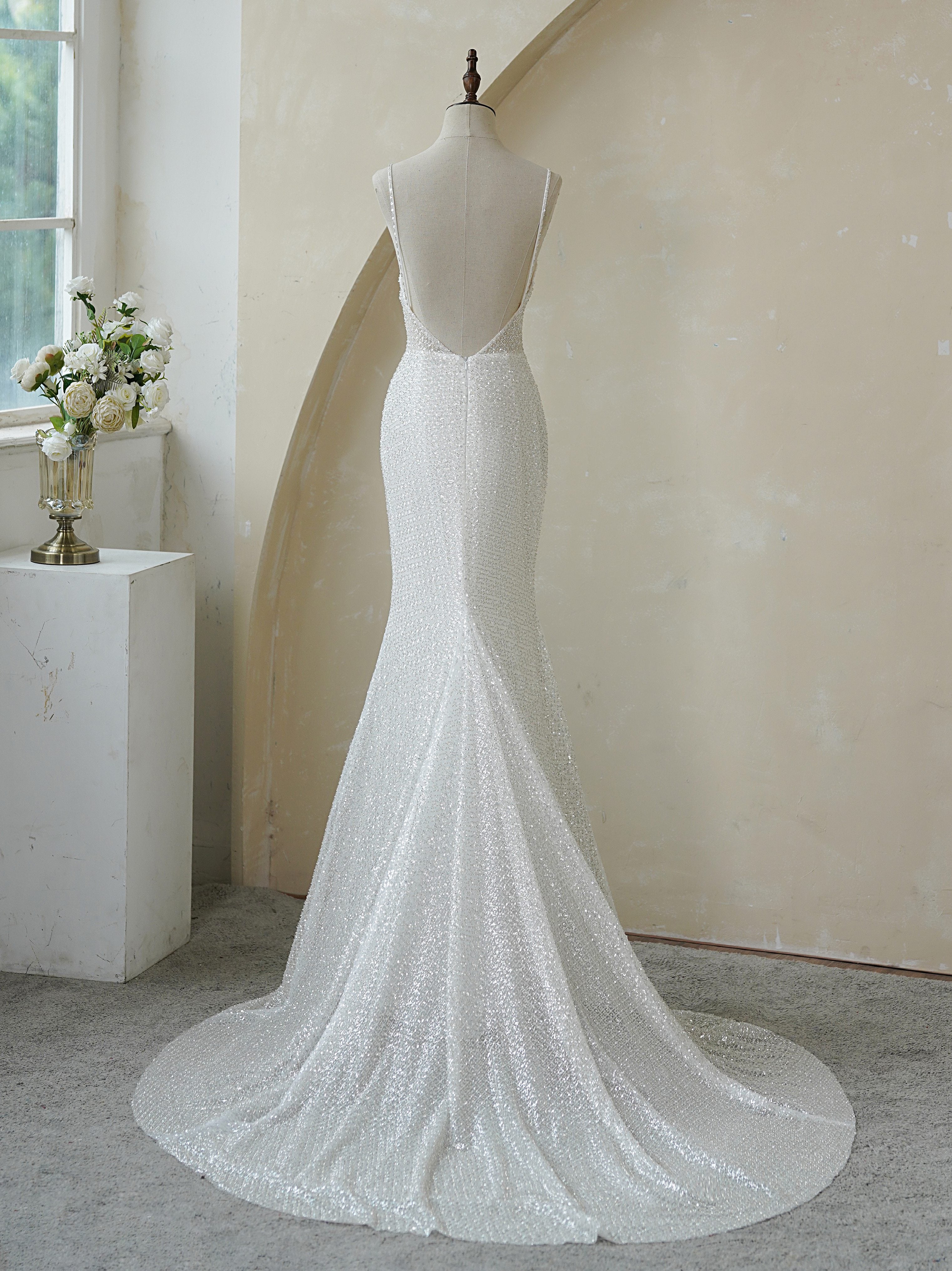 Spaghetti Straps Pleat Beaded Lace Mermaid Wedding Dress MMF2147