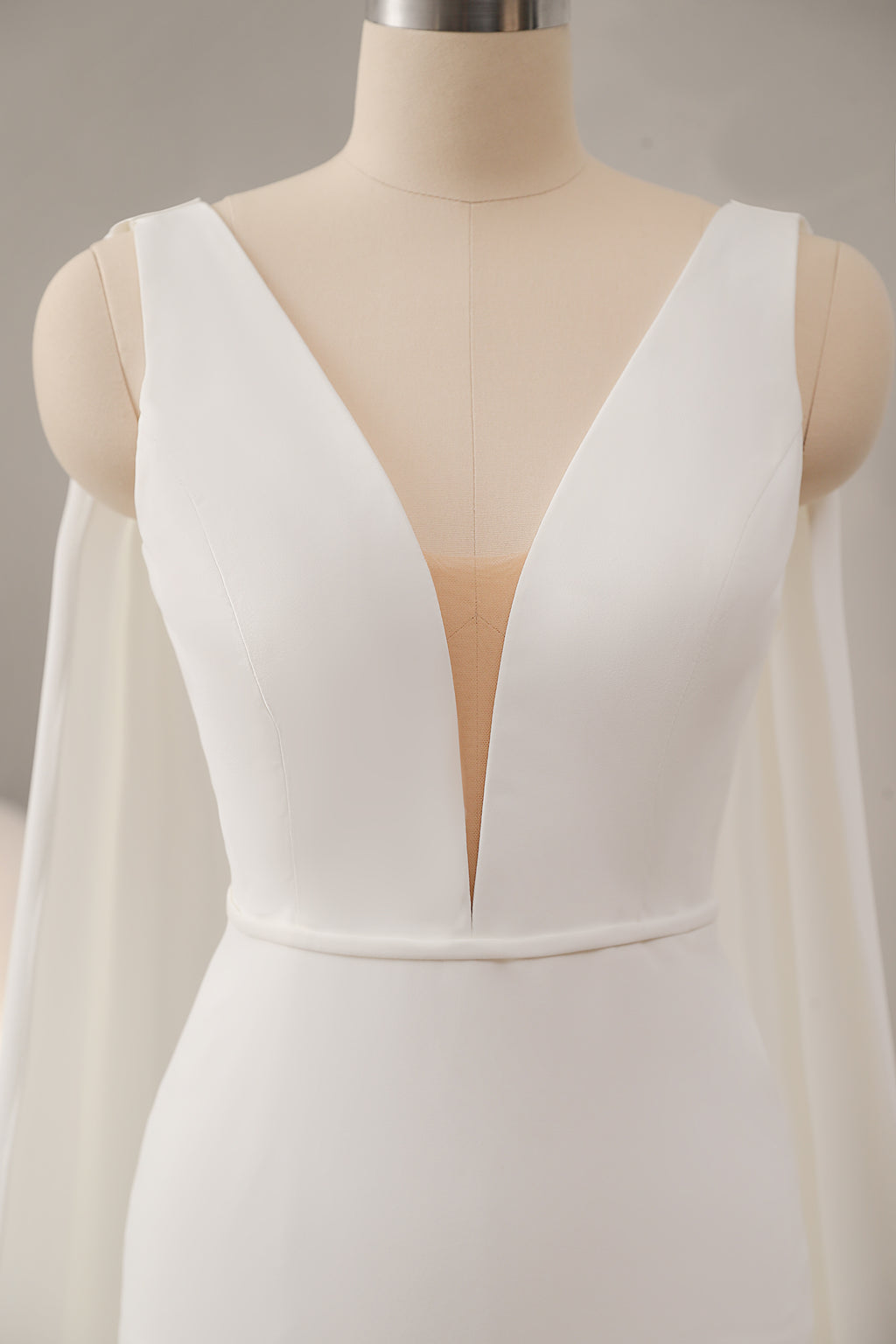 Deep V-neckline Crepe Wedding Dress with Detachable Cape CMM2015