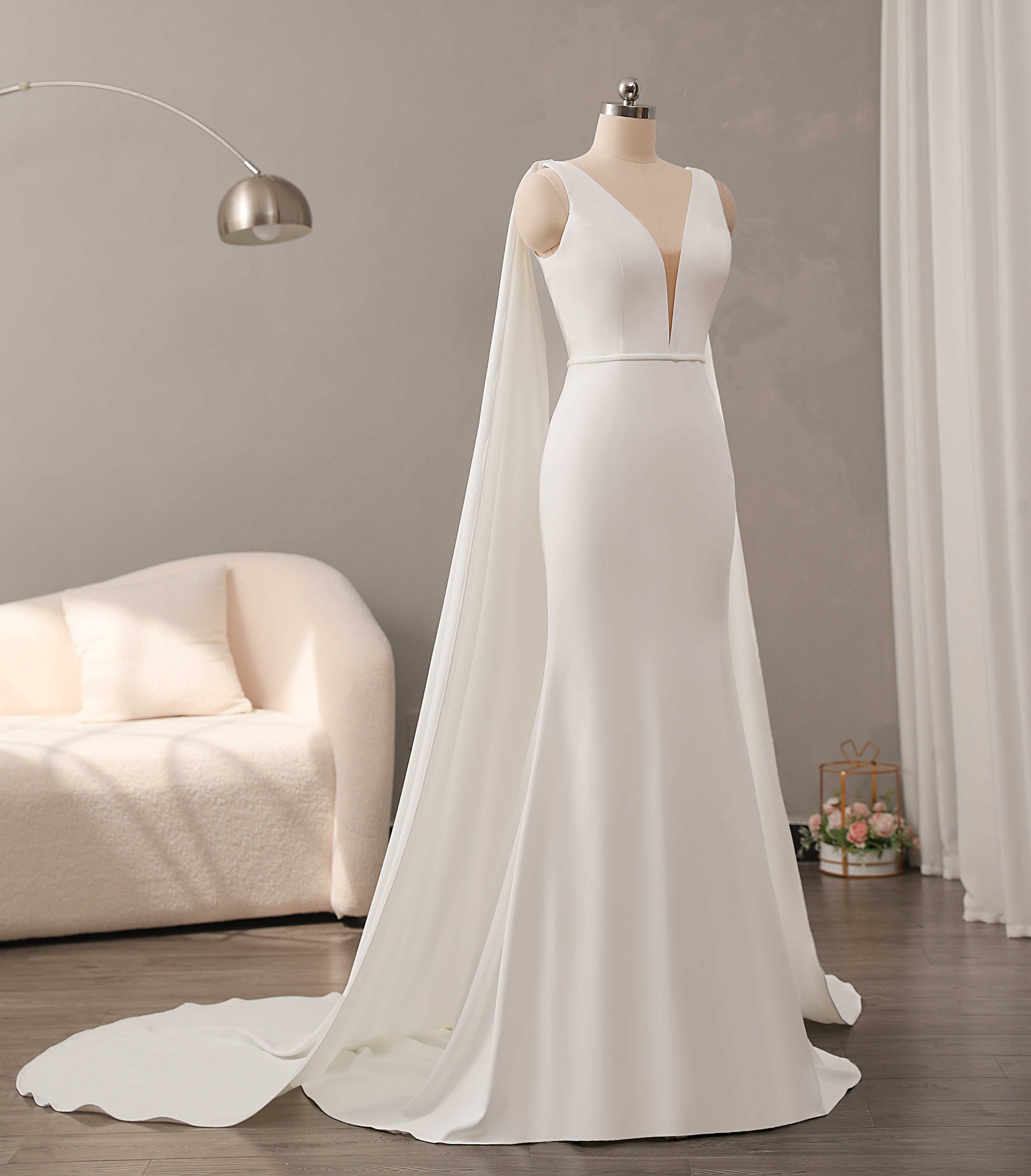 Deep V-neckline Crepe Wedding Dress with Detachable Cape CMM2015