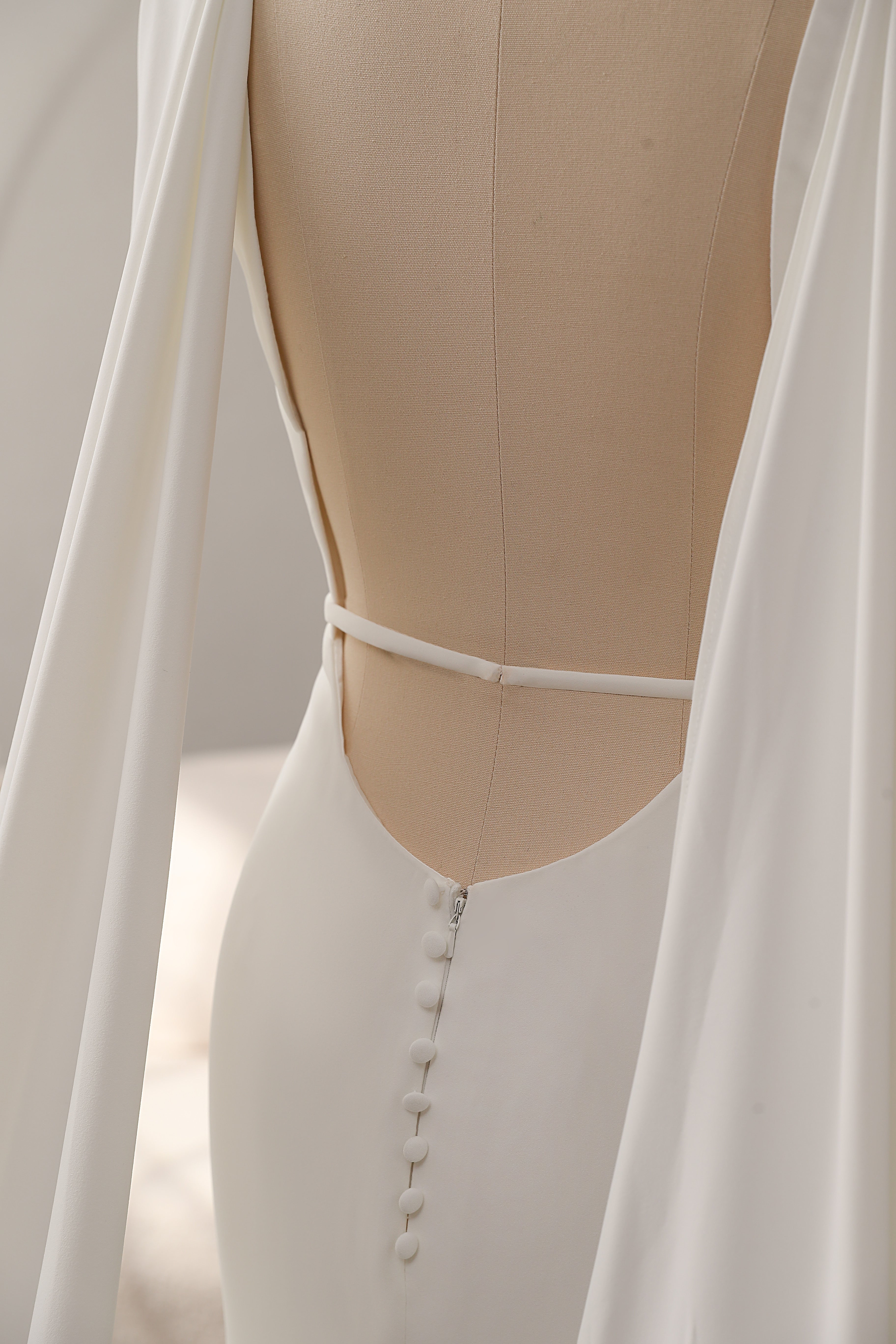 Deep V-neckline Crepe Wedding Dress with Detachable Cape CMM2015