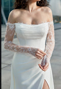 Modern Glam-Off-the-Shoulder Bridal Gown with Thigh-High Slit & Delicate Lace Sleeves CMM2013