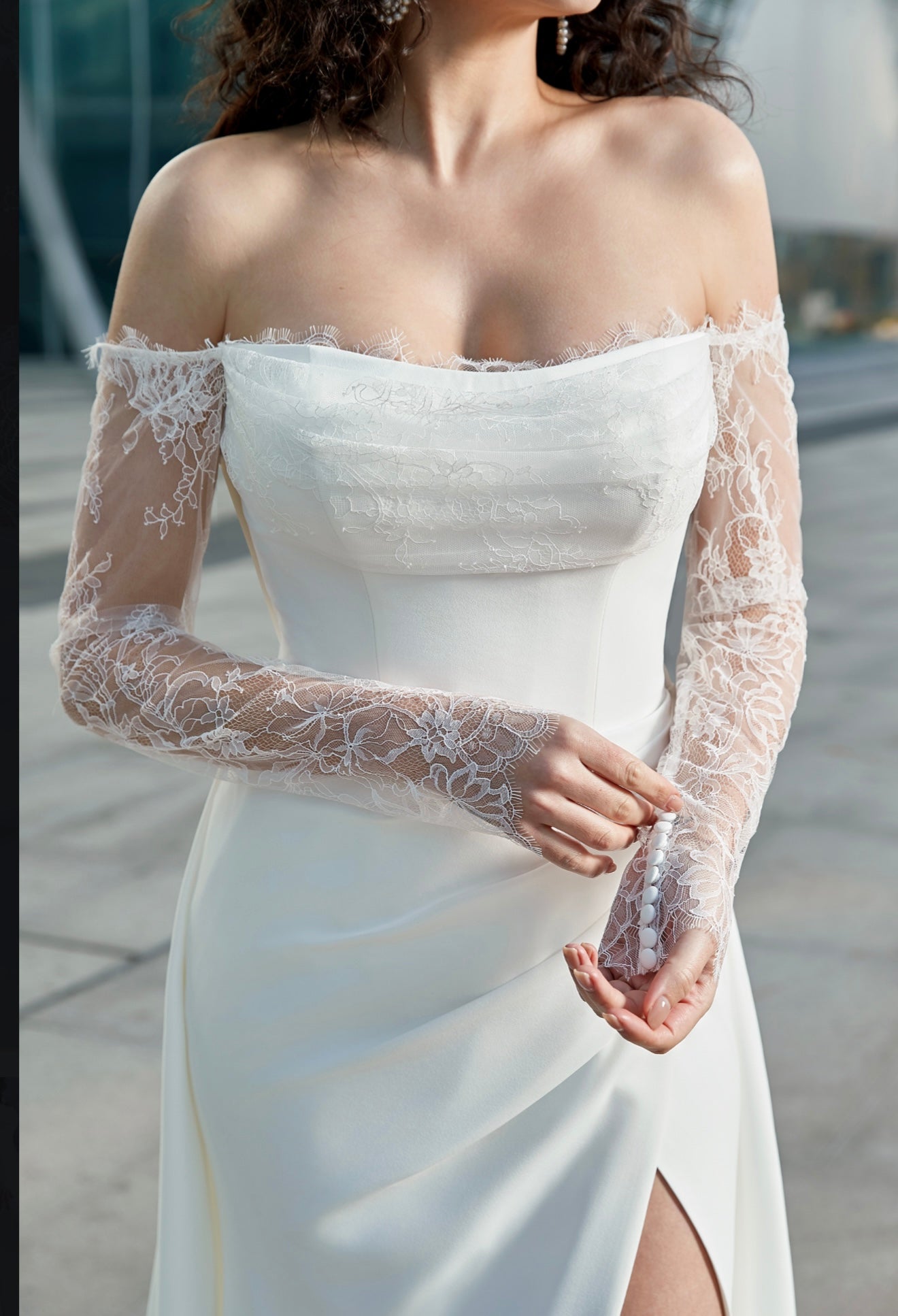 Modern Glam-Off-the-Shoulder Bridal Gown with Thigh-High Slit & Delicate Lace Sleeves CMM2013