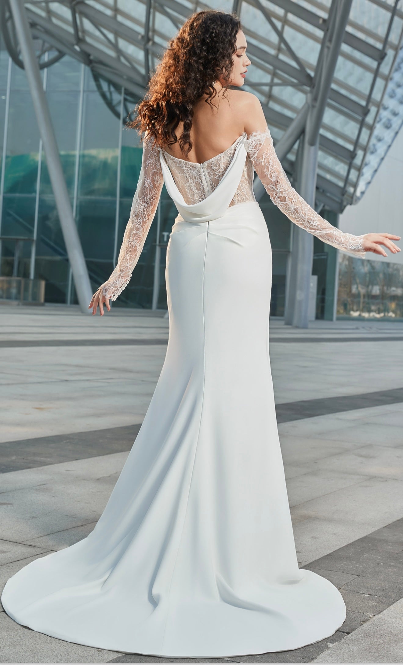 Modern Glam-Off-the-Shoulder Bridal Gown with Thigh-High Slit & Delicate Lace Sleeves CMM2013