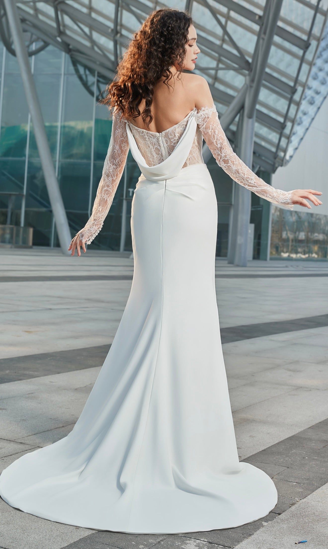 Modern Glam-Off-the-Shoulder Bridal Gown with Thigh-High Slit & Delicate Lace Sleeves CMM2013