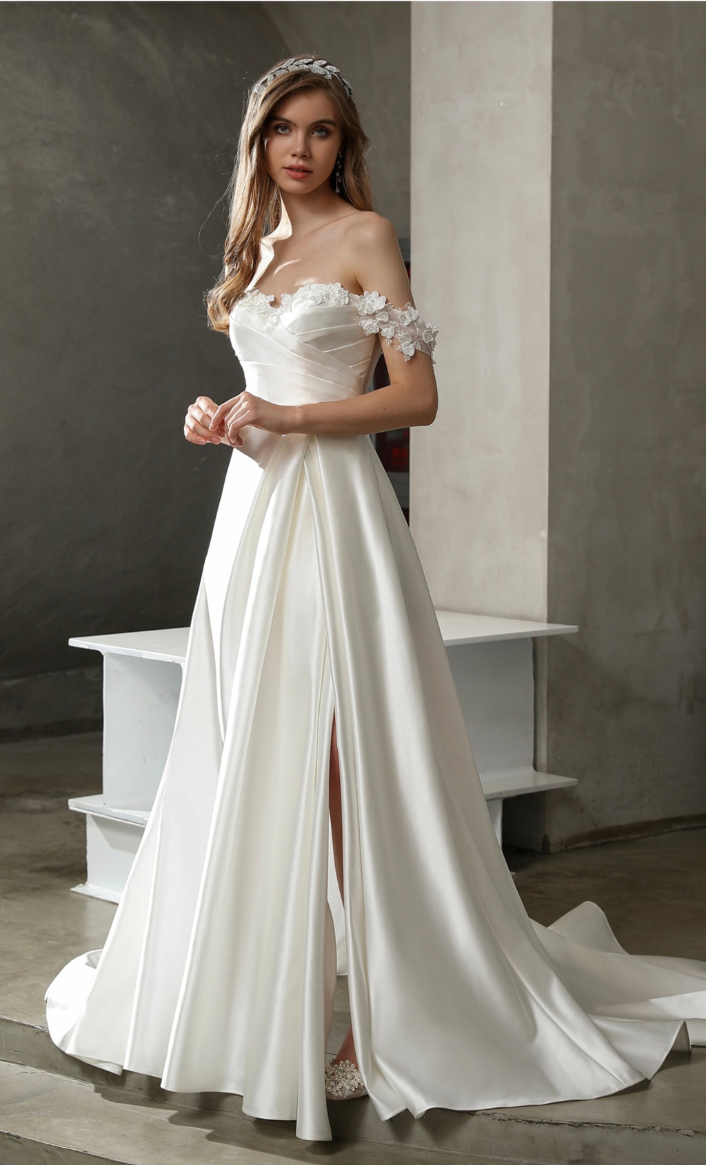Satin Off-the-shoulder A-line Slit Wedding Dress CMM2012