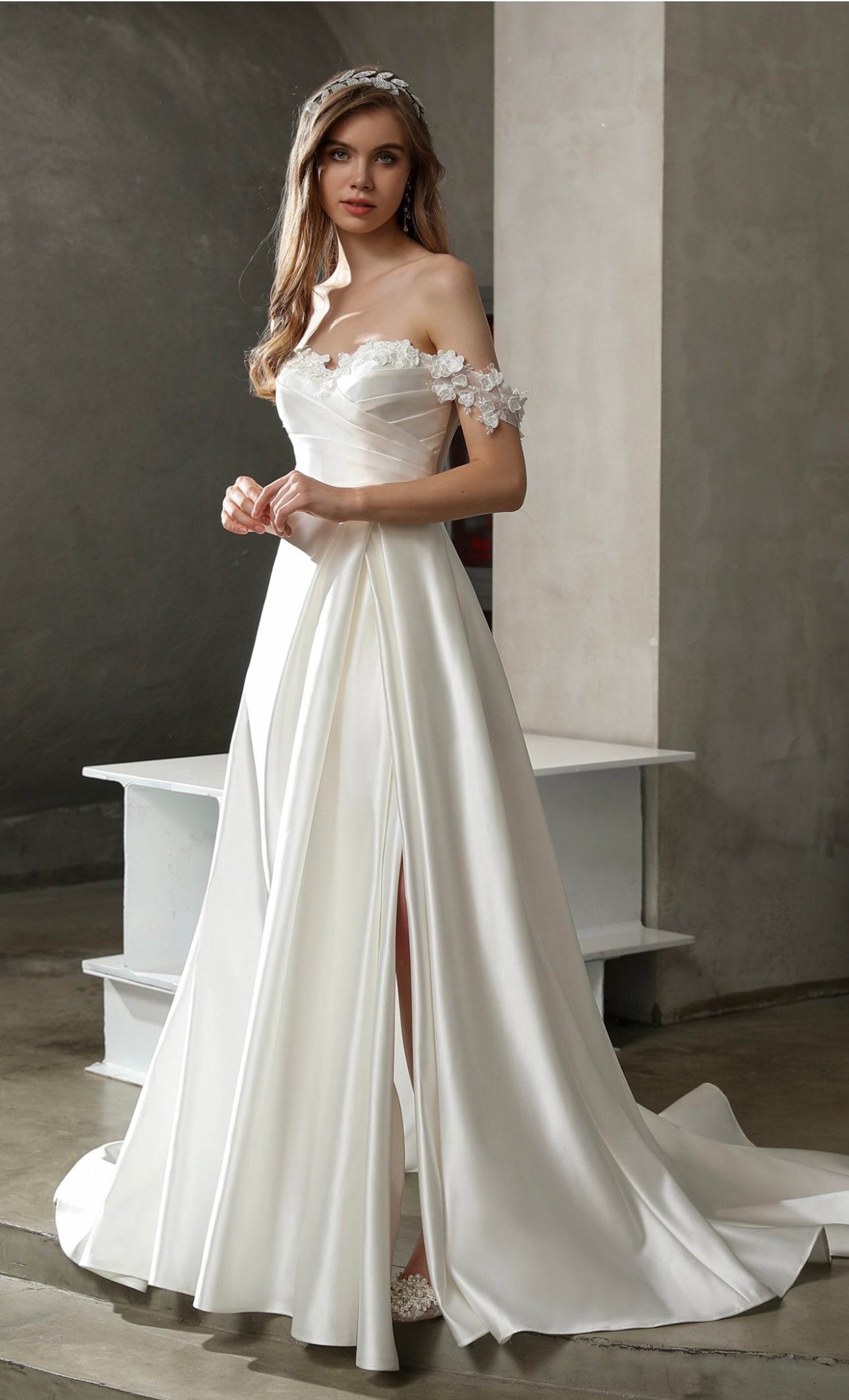 Satin Off-the-shoulder A-line Slit Wedding Dress CMM2012