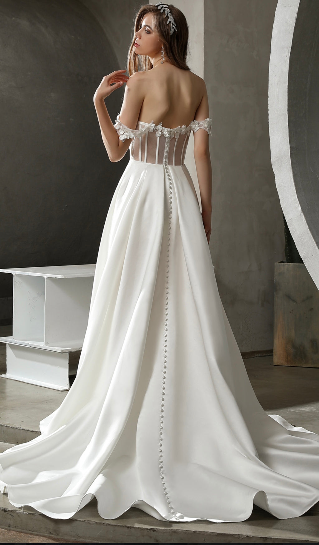 Satin Off-the-shoulder A-line Slit Wedding Dress CMM2012