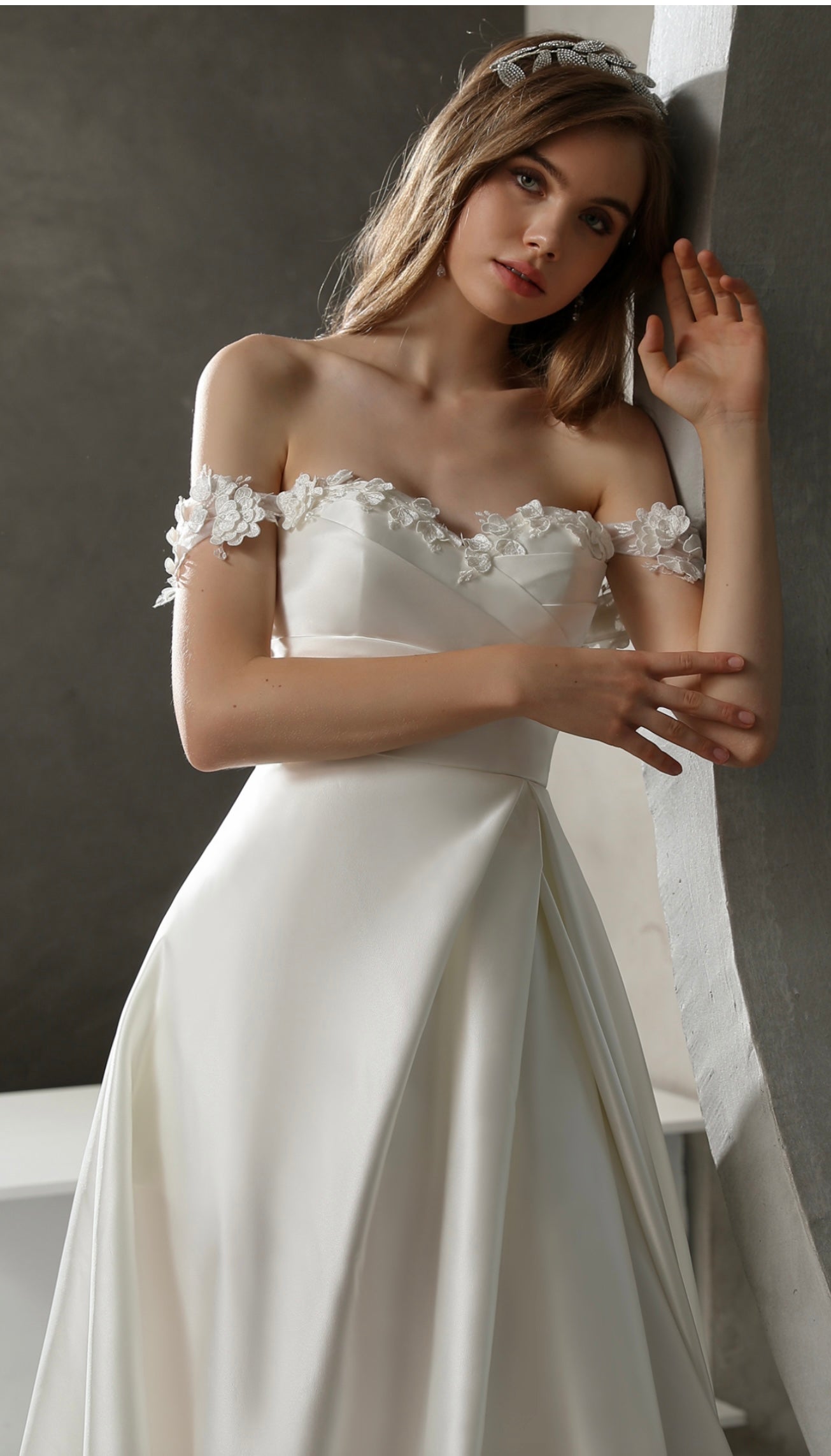 Satin Off-the-shoulder A-line Slit Wedding Dress CMM2012