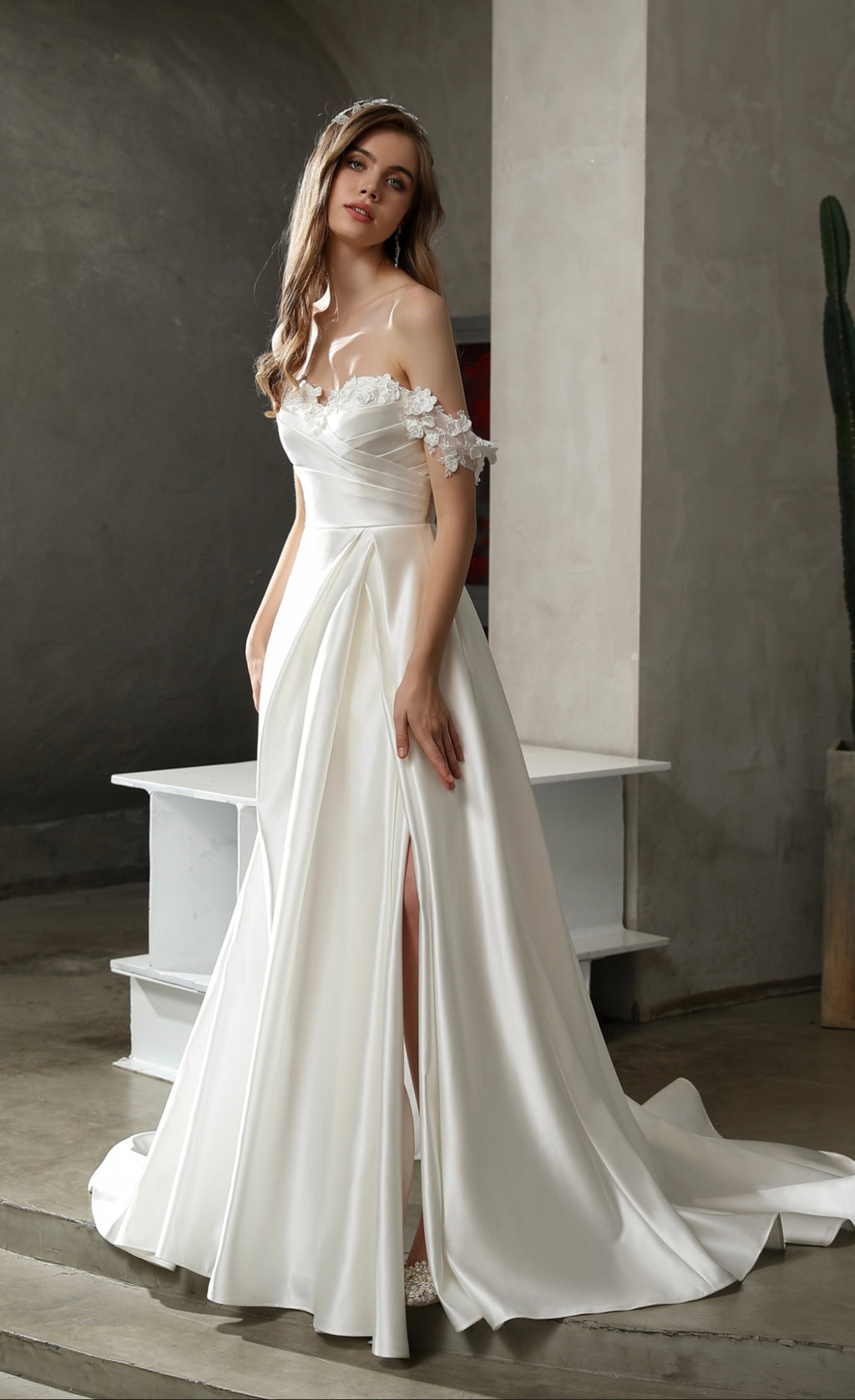 Satin Off-the-shoulder A-line Slit Wedding Dress CMM2012