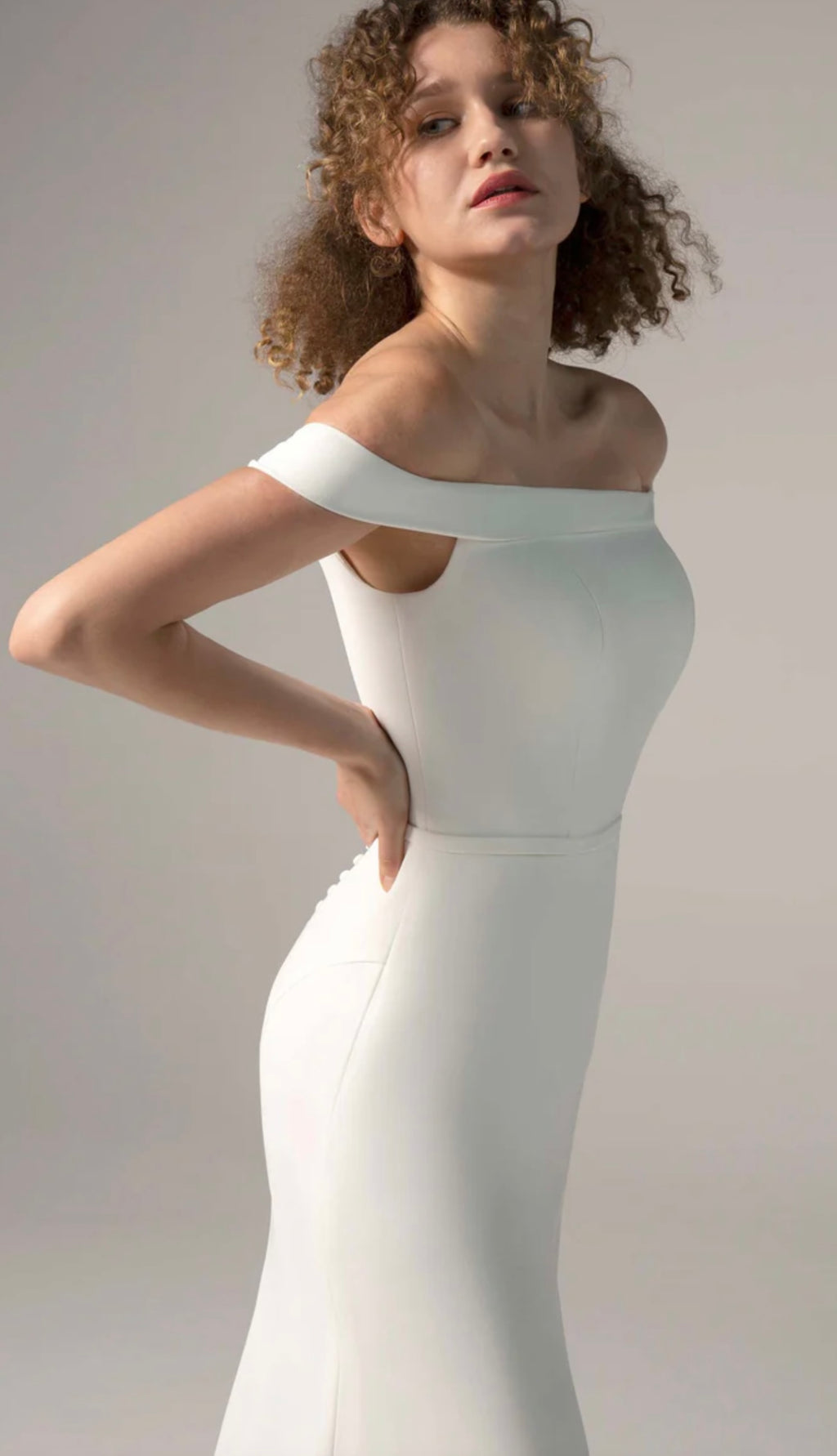 Plain mermaid dress with off shoulder sleeves in ivory color CMM2011
