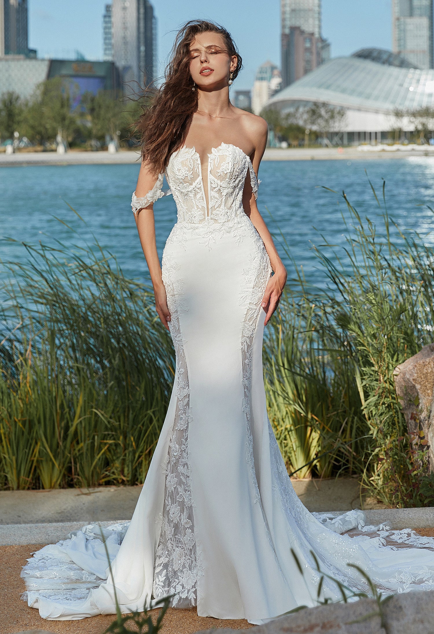 Alluring Off The Shoulder Sleeve Lace Fit-and-Flare Wedding Dress With Open Back CMM2001