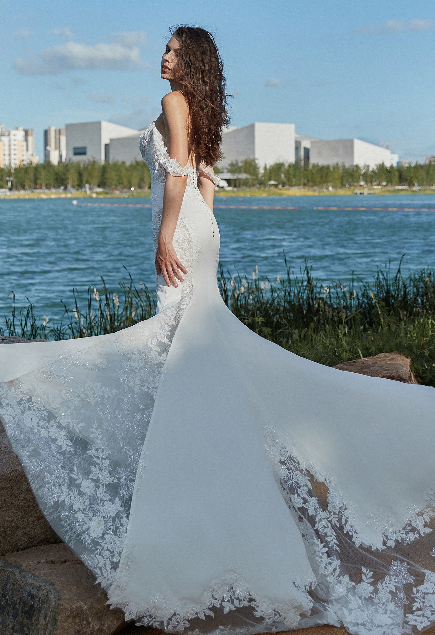 Alluring Off The Shoulder Sleeve Lace Fit-and-Flare Wedding Dress With Open Back CMM2001